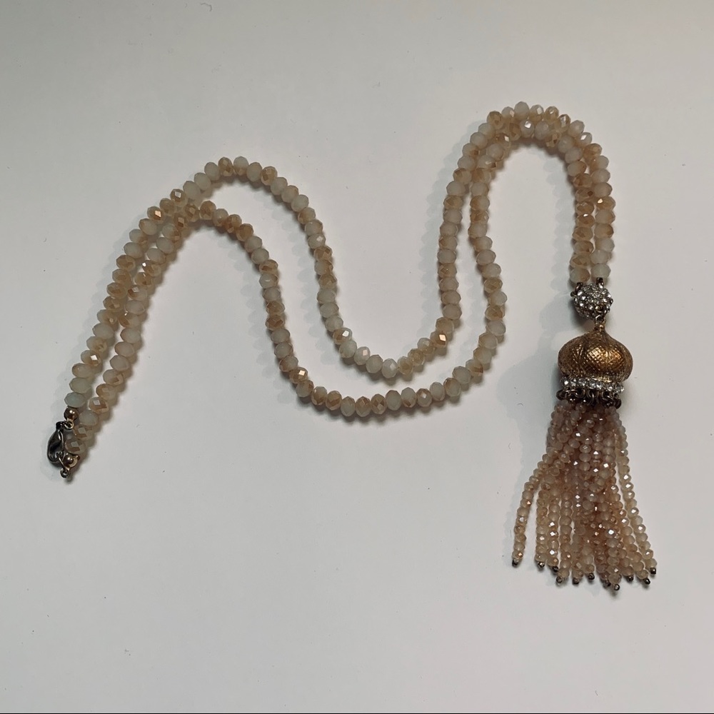 Long Tan Crystal Tassel Necklace